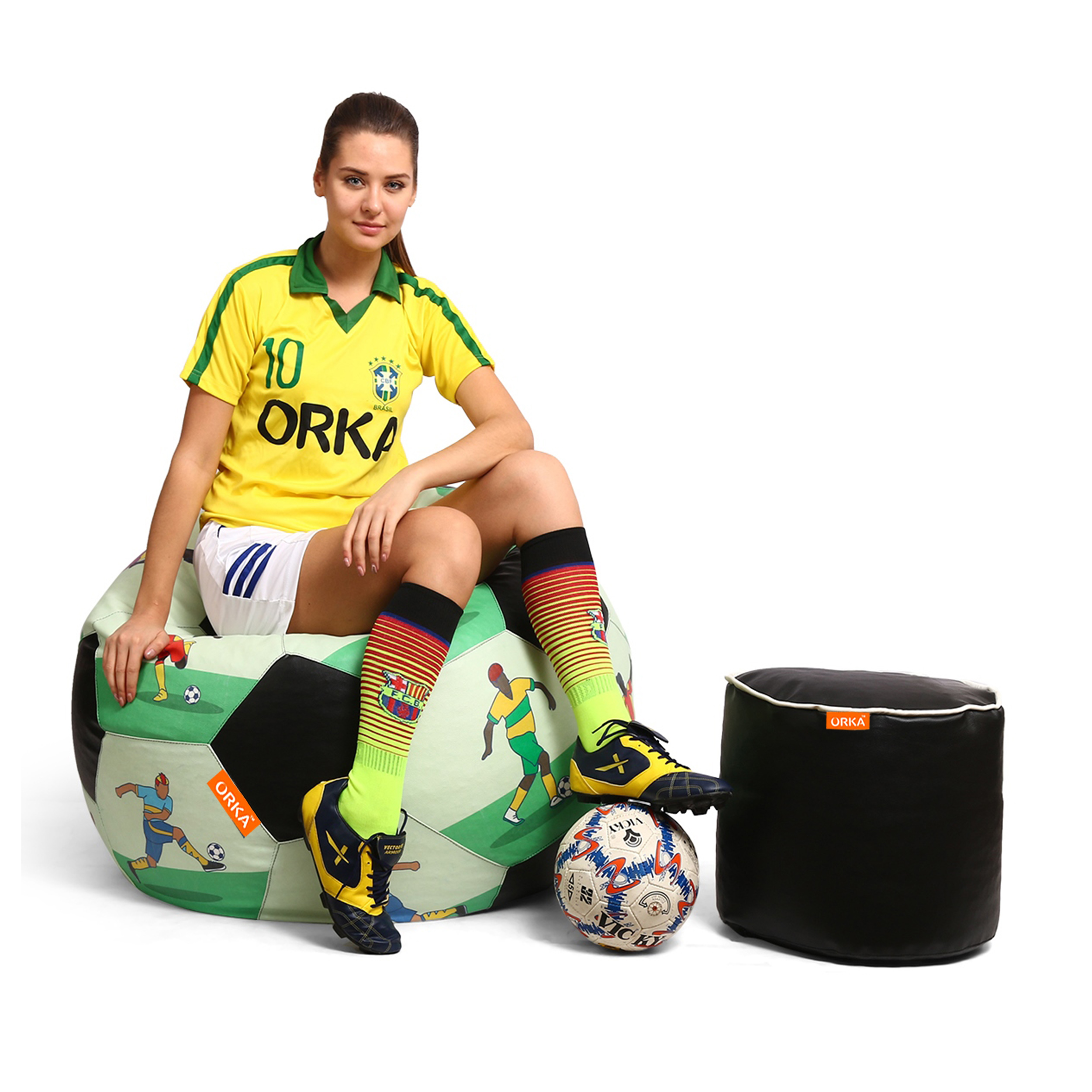 Orka Digital Printed XXL Foorball With Mathching Footstool Filled Bean Bag With Beans (FB53Multicolor)